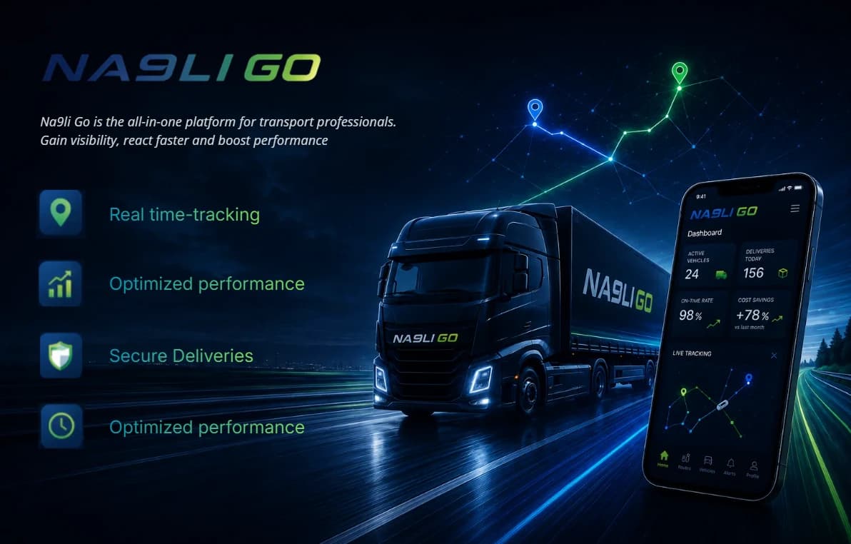 Na9li Go dashboard showing real-time tracking of a truck en route, with live delivery and performance stats